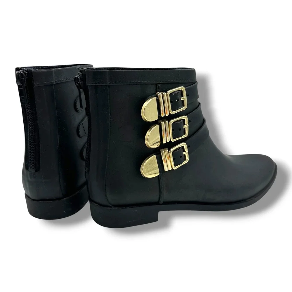 Loeffler Randall Fenton Black Rubber Triple Buckle Rain Boot Gold Hardware Ankle